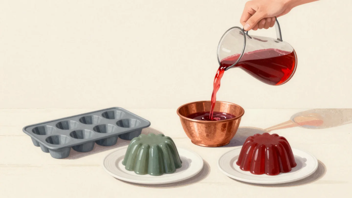 A hand pours red liquid into a copper jelly mold beside two finished jellies of different colors and the same shape.