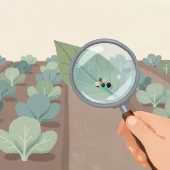 A hand holds a magnifying glass under a garden leaf, revealing a cluster of insect eggs on its underside.