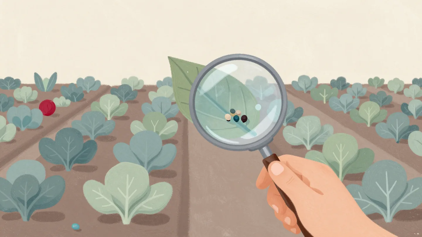 A hand holds a magnifying glass under a garden leaf, revealing a cluster of insect eggs on its underside.