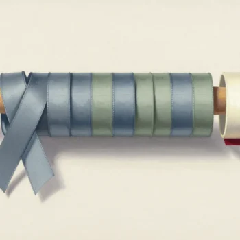 Slate-blue and sage ribbon loops around a wooden spindle, with a cream loop and vermilion end.