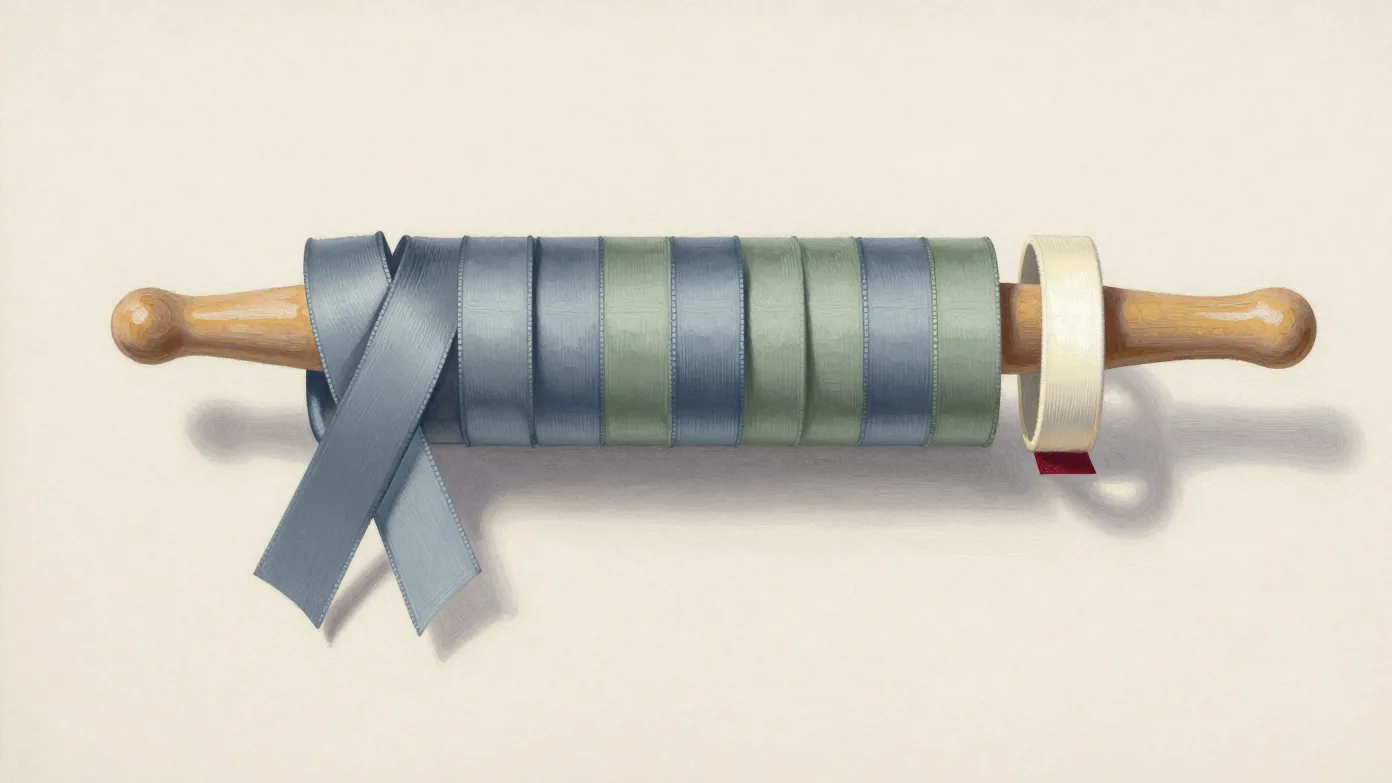 Slate-blue and sage ribbon loops around a wooden spindle, with a cream loop and vermilion end.