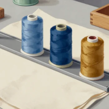 Two blue thread spools and one ochre spool stand on a metal support above folded cream fabric.