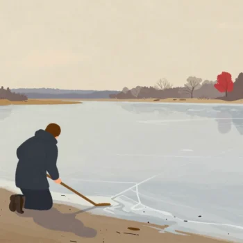 A figure kneels at the edge of a frozen pond, testing the ice with a long pole before crossing.