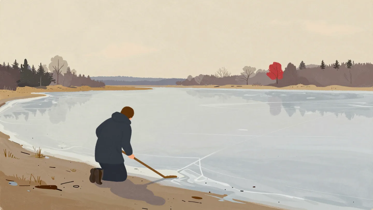 A figure kneels at the edge of a frozen pond, testing the ice with a long pole before crossing.