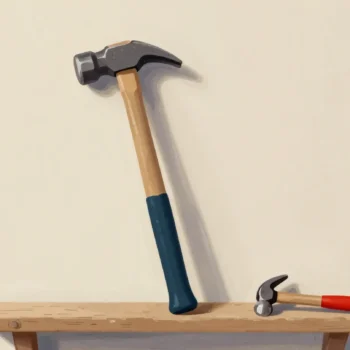 A sledgehammer below a small picture hook, a small red tack hammer on the shelf beside it