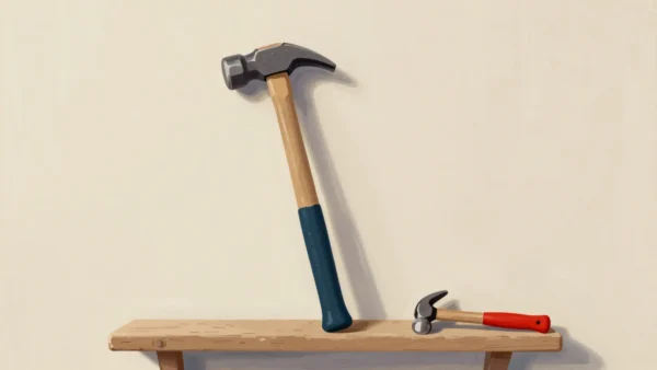 A sledgehammer below a small picture hook, a small red tack hammer on the shelf beside it