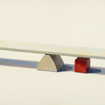A long pale wooden plank over a triangular support, beside a red wooden cube.