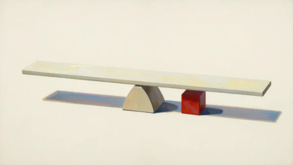 A long pale wooden plank over a triangular support, beside a red wooden cube.
