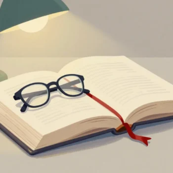 A thick open book with a vermilion ribbon bookmark deep in its pages, reading glasses resting on it under a lamp.