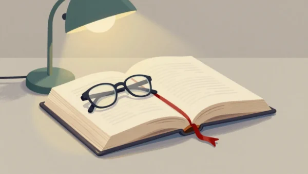 A thick open book with a vermilion ribbon bookmark deep in its pages, reading glasses resting on it under a lamp.