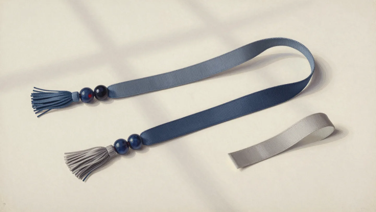 A long looped slate-blue ribbon with ceramic beads and tassels at its ends beside a short gray ribbon.