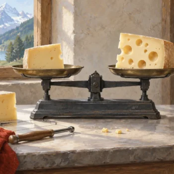 Uneven cheese portions balance equally because the wider piece contains large holes.