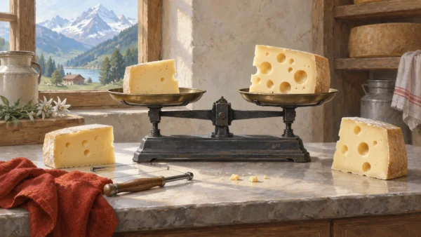 Uneven cheese portions balance equally because the wider piece contains large holes.