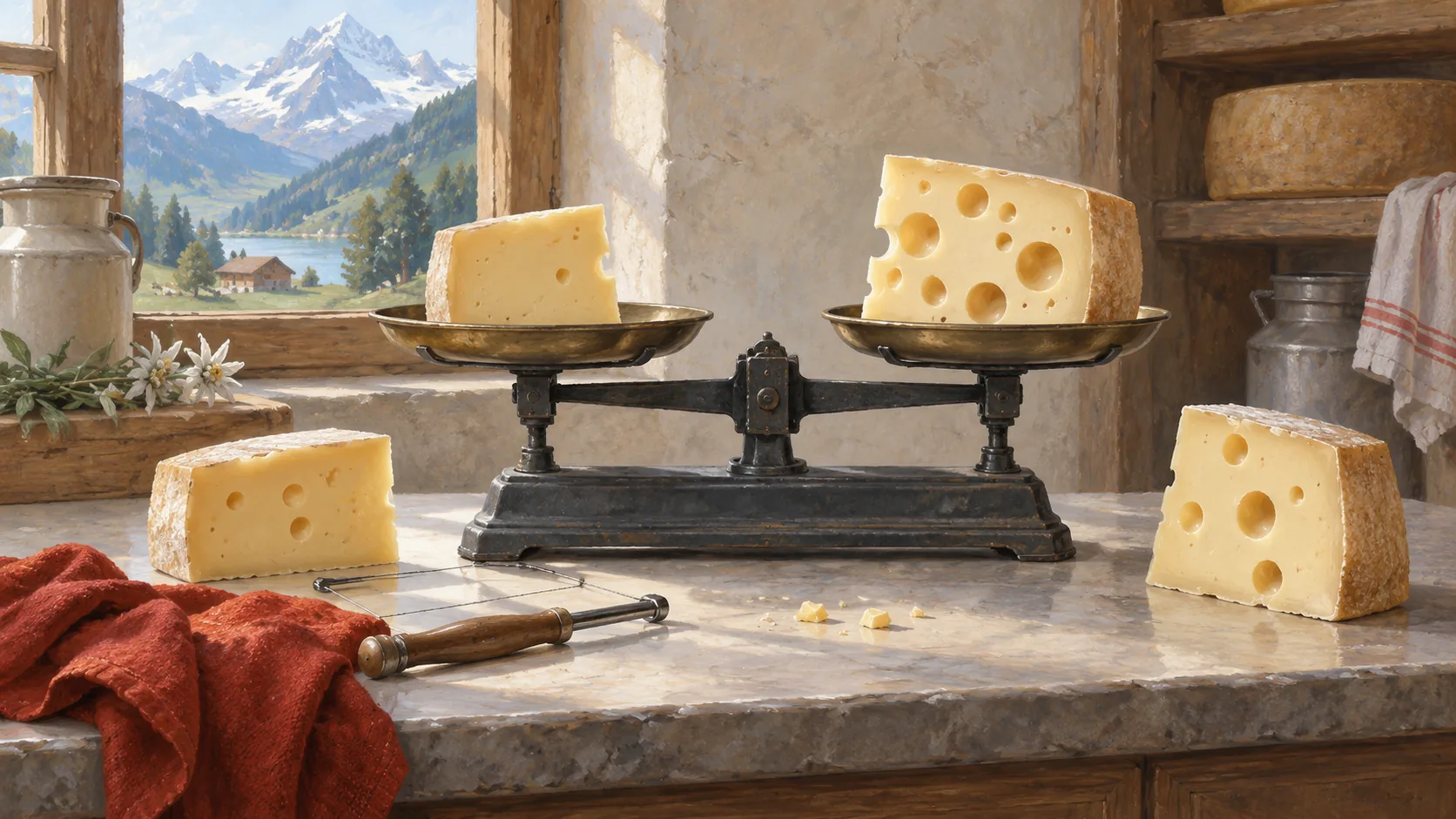 Uneven cheese portions balance equally because the wider piece contains large holes.