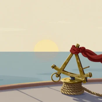 A brass sextant on a coil of rope on a boat deck at dawn, a red scarf tied to the rail