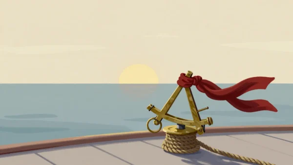 A brass sextant on a coil of rope on a boat deck at dawn, a red scarf tied to the rail