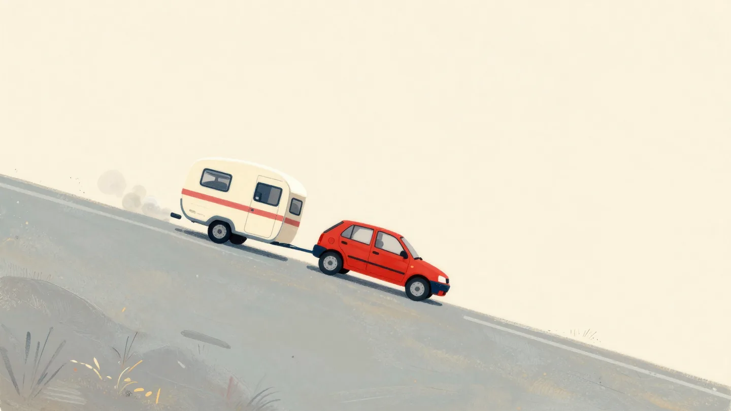 A small car towing a heavy caravan slowly up a steep country lane