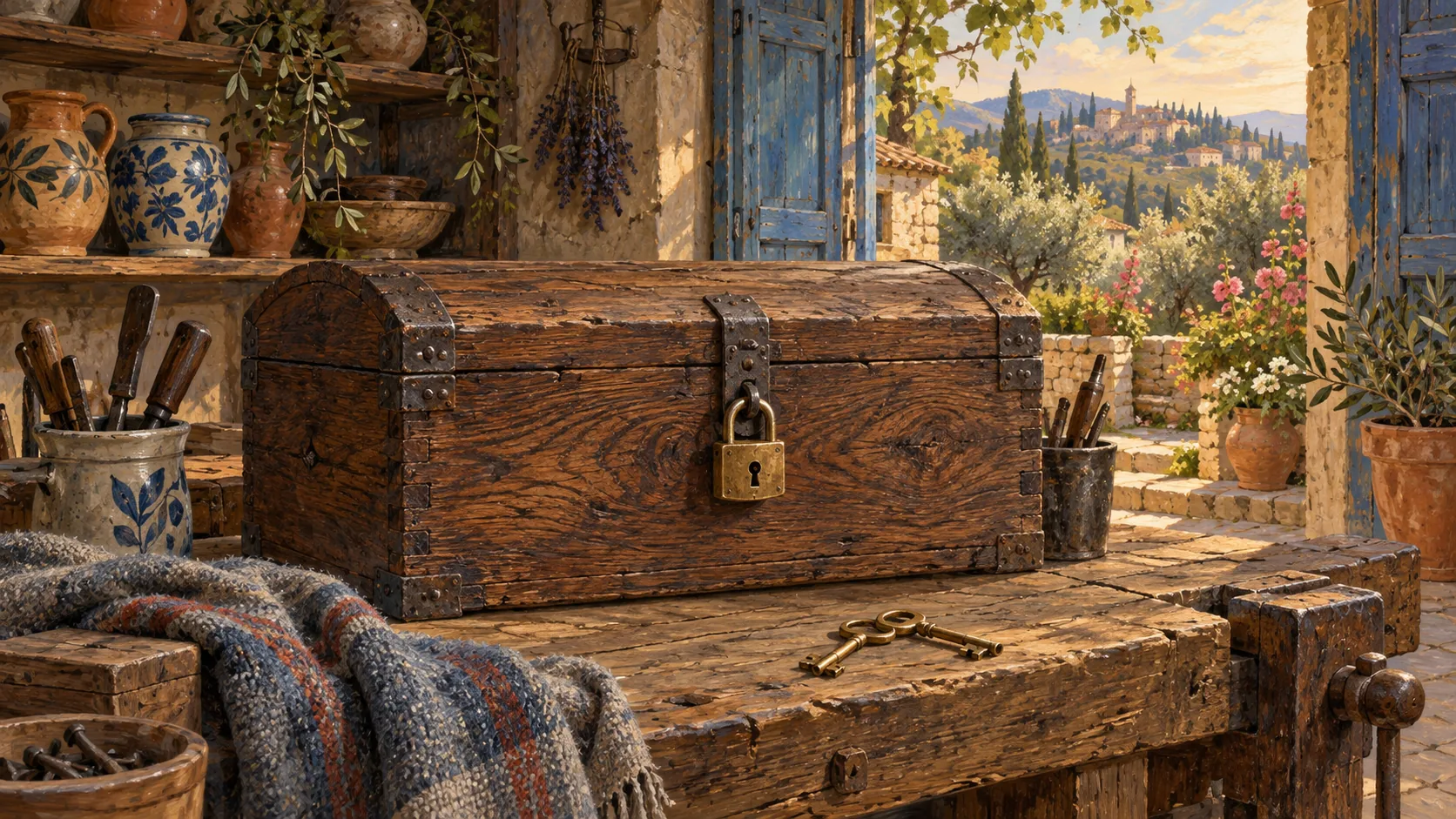 A closed wooden chest with iron straps and a brass padlock on a workbench beside two brass keys.