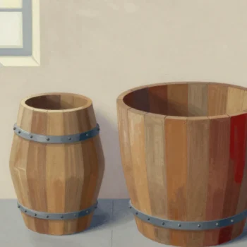 Gouache painting: two wooden fermenting vats stand on a cellar floor, one narrow and one wide