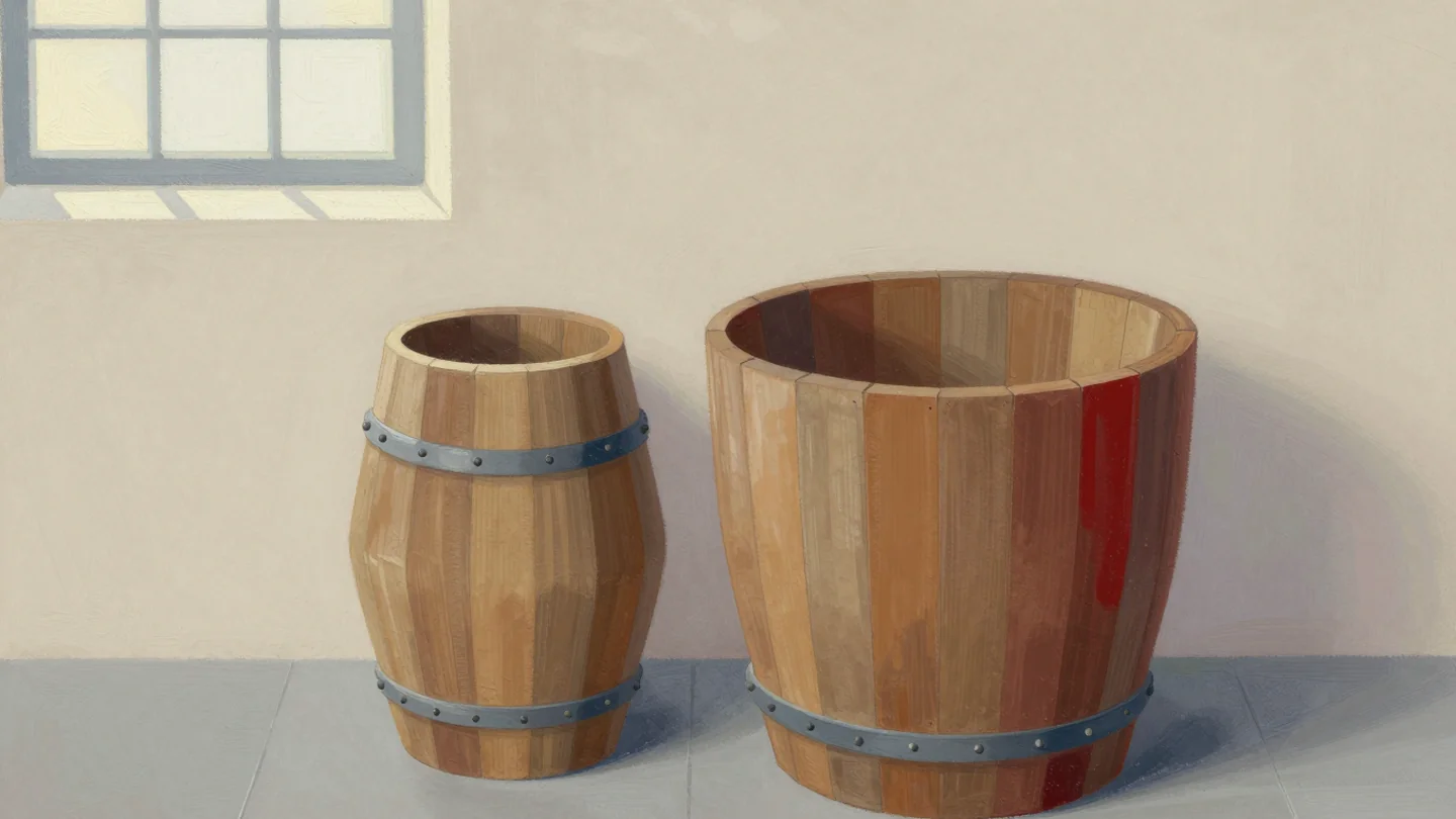 Gouache painting: two wooden fermenting vats stand on a cellar floor, one narrow and one wide