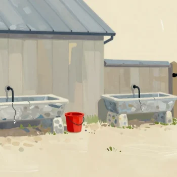 Two separate stone water troughs in a farmyard, one large and one small