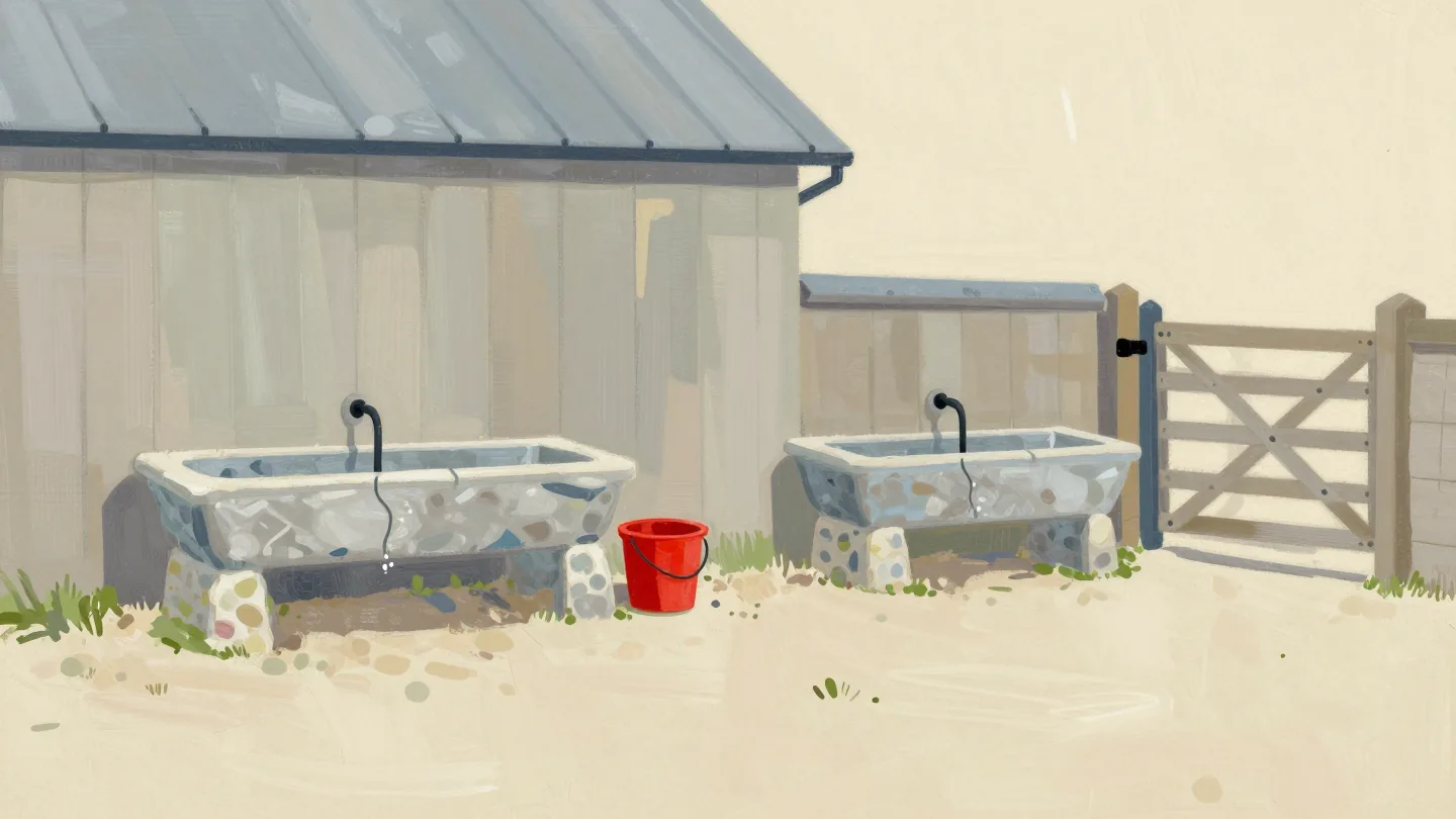 Two separate stone water troughs in a farmyard, one large and one small