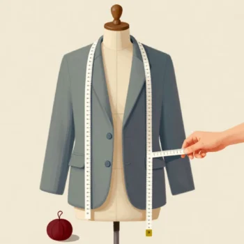 A hand measuring the sleeve of a finished jacket on a dress form with a cloth tape measure