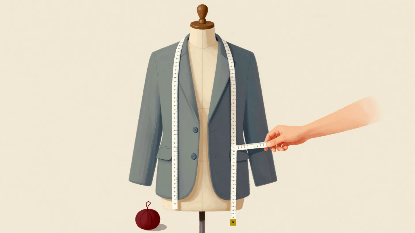 A hand measuring the sleeve of a finished jacket on a dress form with a cloth tape measure