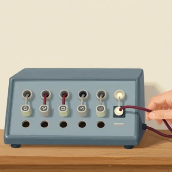 A hand tracing one red patch cord back to its jack on an old telephone switchboard