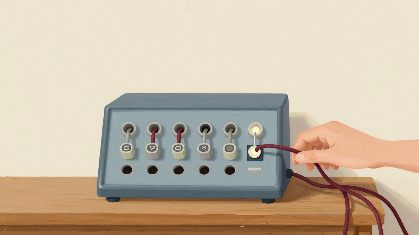 A hand tracing one red patch cord back to its jack on an old telephone switchboard