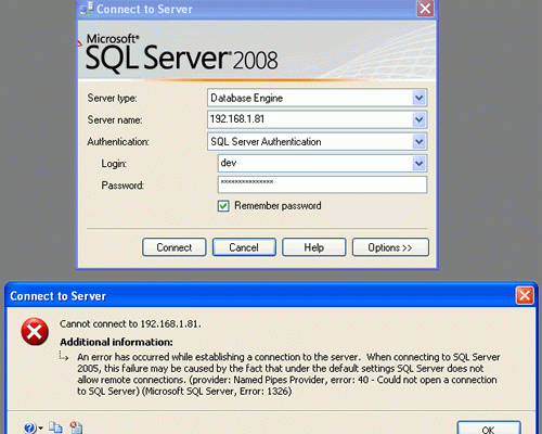 SQL SERVER - Fix : Error : 1326 Cannot connect to Database Server Error: 40 - Could not open a connection to SQL Server