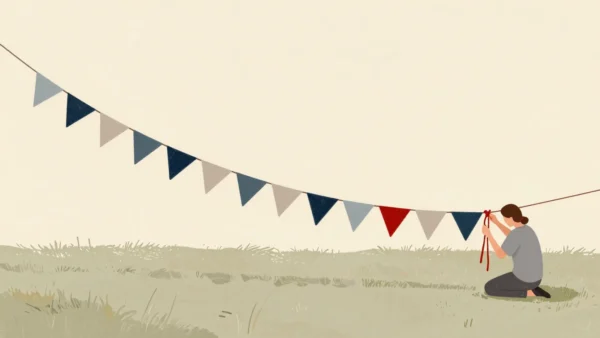 A long string of bunting laid out on a village green while two hands check the last knot