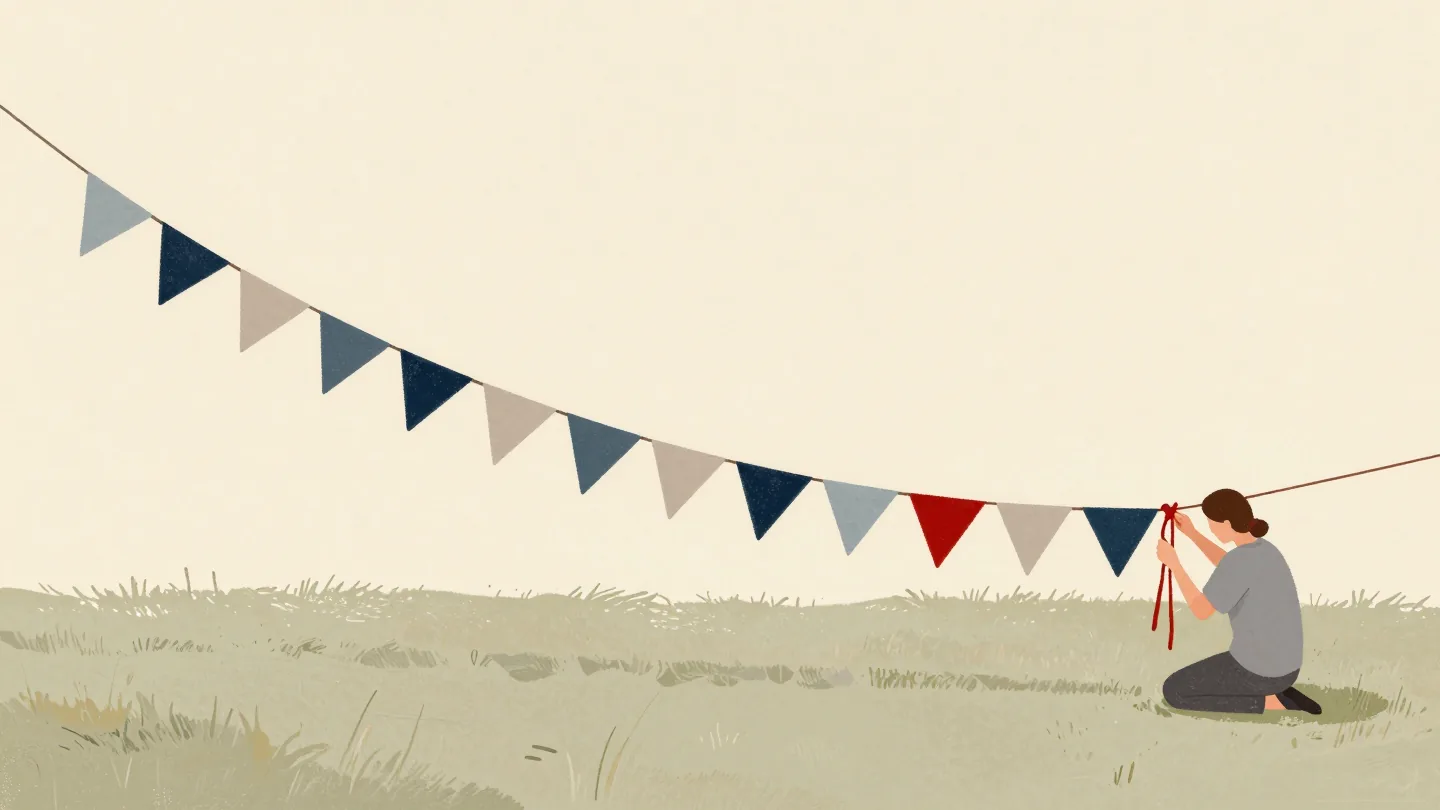 A long string of bunting laid out on a village green while two hands check the last knot