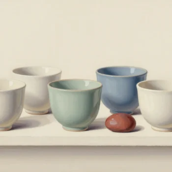 Five cream, sage and slate-blue ceramic cups on a pale shelf, beside a terracotta pebble.