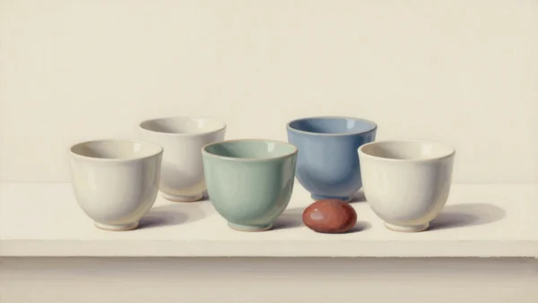 Five cream, sage and slate-blue ceramic cups on a pale shelf, beside a terracotta pebble.