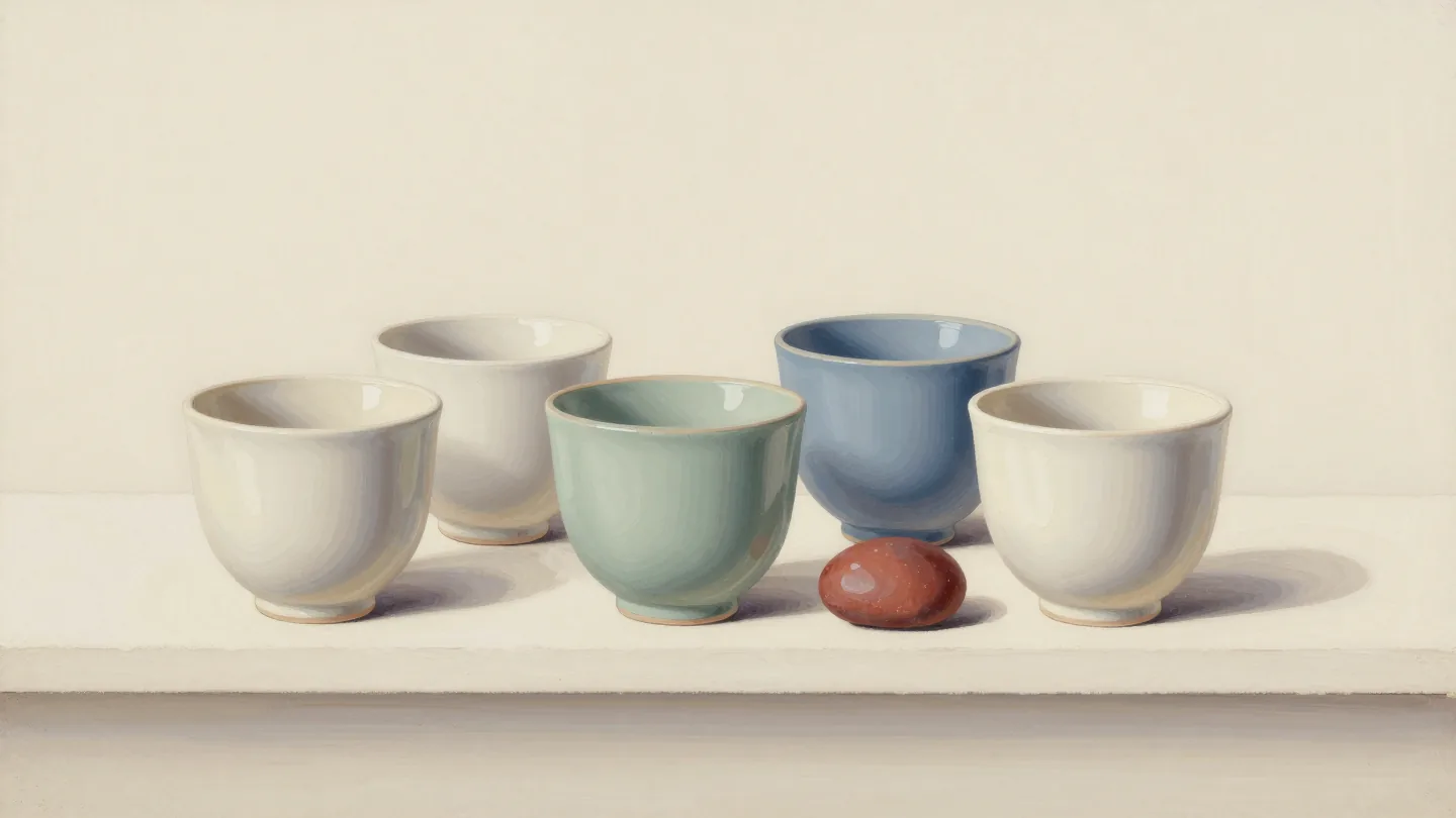 Five cream, sage and slate-blue ceramic cups on a pale shelf, beside a terracotta pebble.