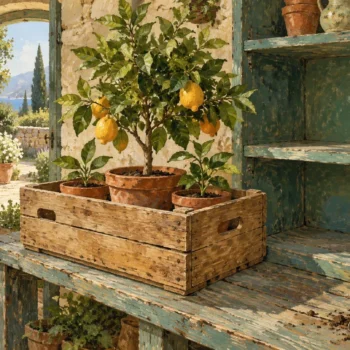 A branching citrus sapling and smaller plants share one movable nursery crate beside a shelf bay