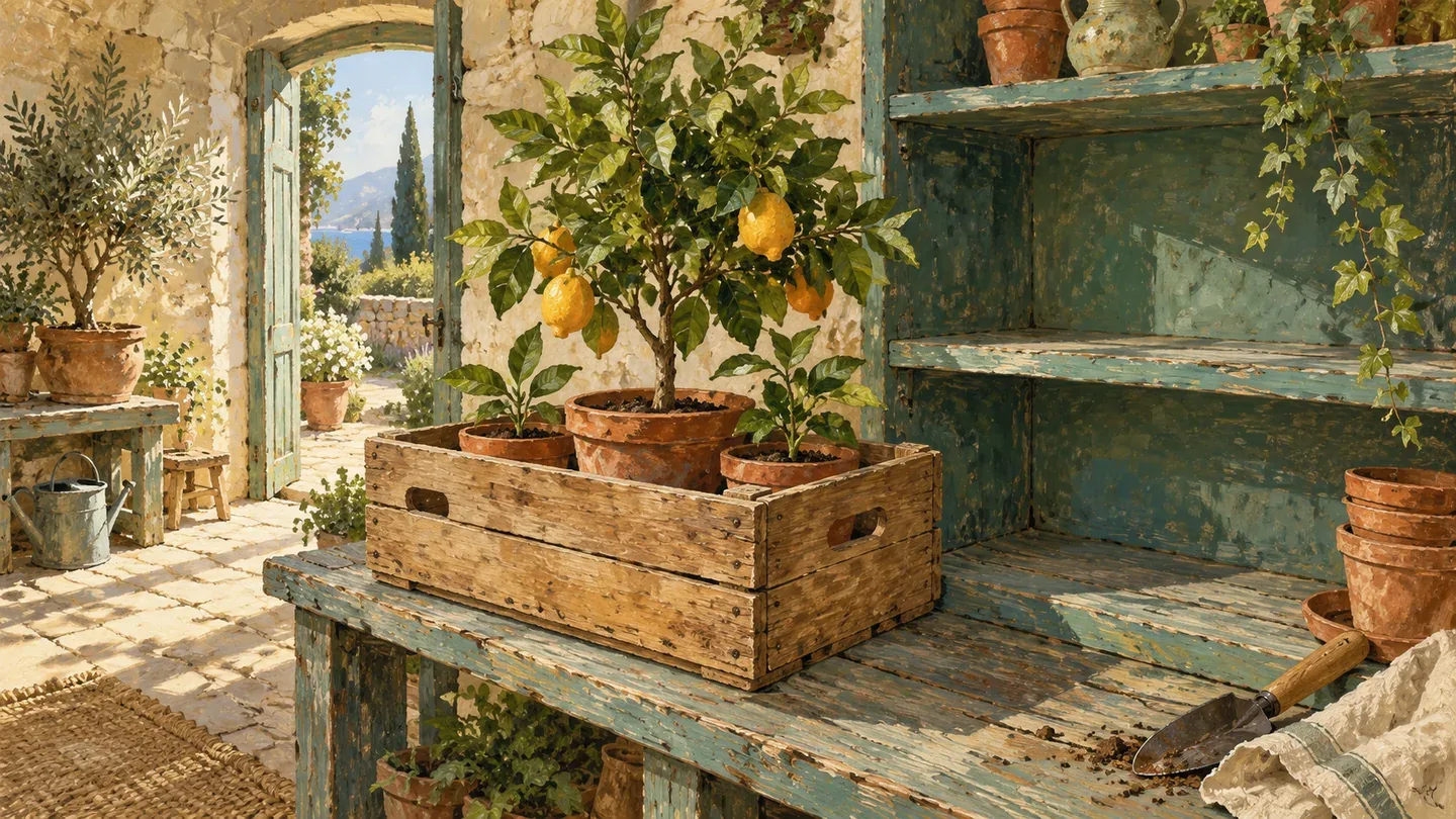 A branching citrus sapling and smaller plants share one movable nursery crate beside a shelf bay