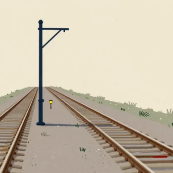 A railway track splits in two at a rural junction, an iron points lever pulled toward the narrower branch.