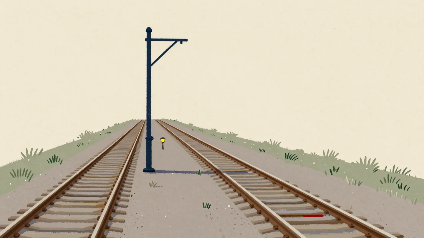 A railway track splits in two at a rural junction, an iron points lever pulled toward the narrower branch.