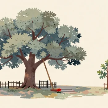An old oak with a propped limb inside a low fence with one gate, a young sapling planted nearby.