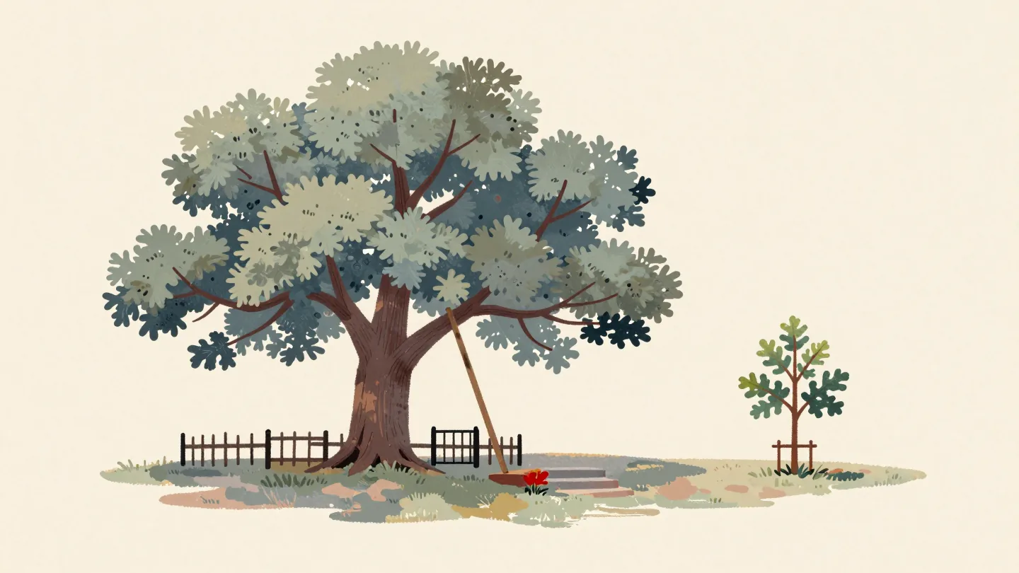 An old oak with a propped limb inside a low fence with one gate, a young sapling planted nearby.
