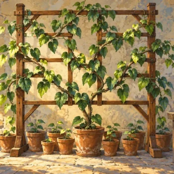 An painting shows a branching vine supported by a walnut trellis beside neatly arranged brass clips.