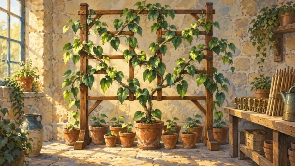 An painting shows a branching vine supported by a walnut trellis beside neatly arranged brass clips.