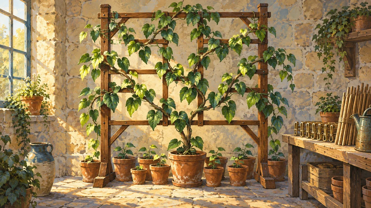 An painting shows a branching vine supported by a walnut trellis beside neatly arranged brass clips.