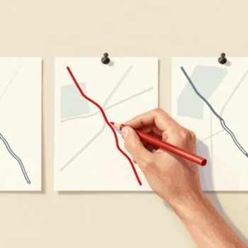 A hand redrawing one of several pinned maps with a red pencil to match a changed road