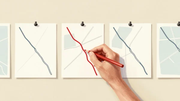 A hand redrawing one of several pinned maps with a red pencil to match a changed road