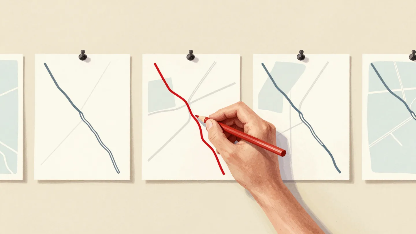 A hand redrawing one of several pinned maps with a red pencil to match a changed road