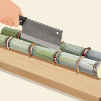 A hand cutting a sugarcane stalk at its natural joints on a chopping block, the cut sections lying in a row beside it.
