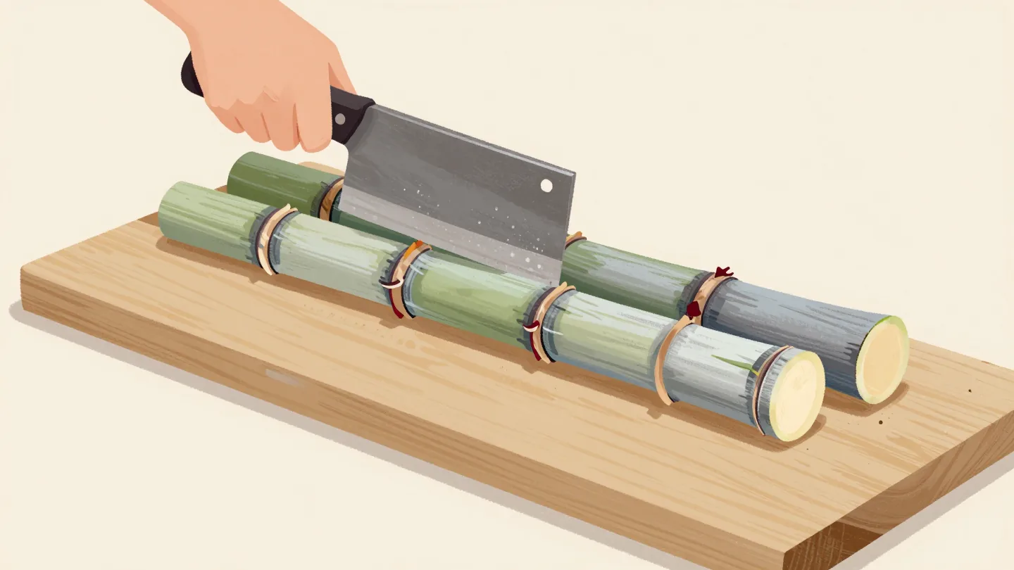 A hand cutting a sugarcane stalk at its natural joints on a chopping block, the cut sections lying in a row beside it.